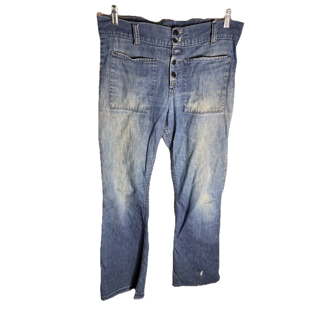 Vintage Kazoo Jeans 33 X 30"Bell Bottom Blue Denim Sailor Distressed  Button Fly